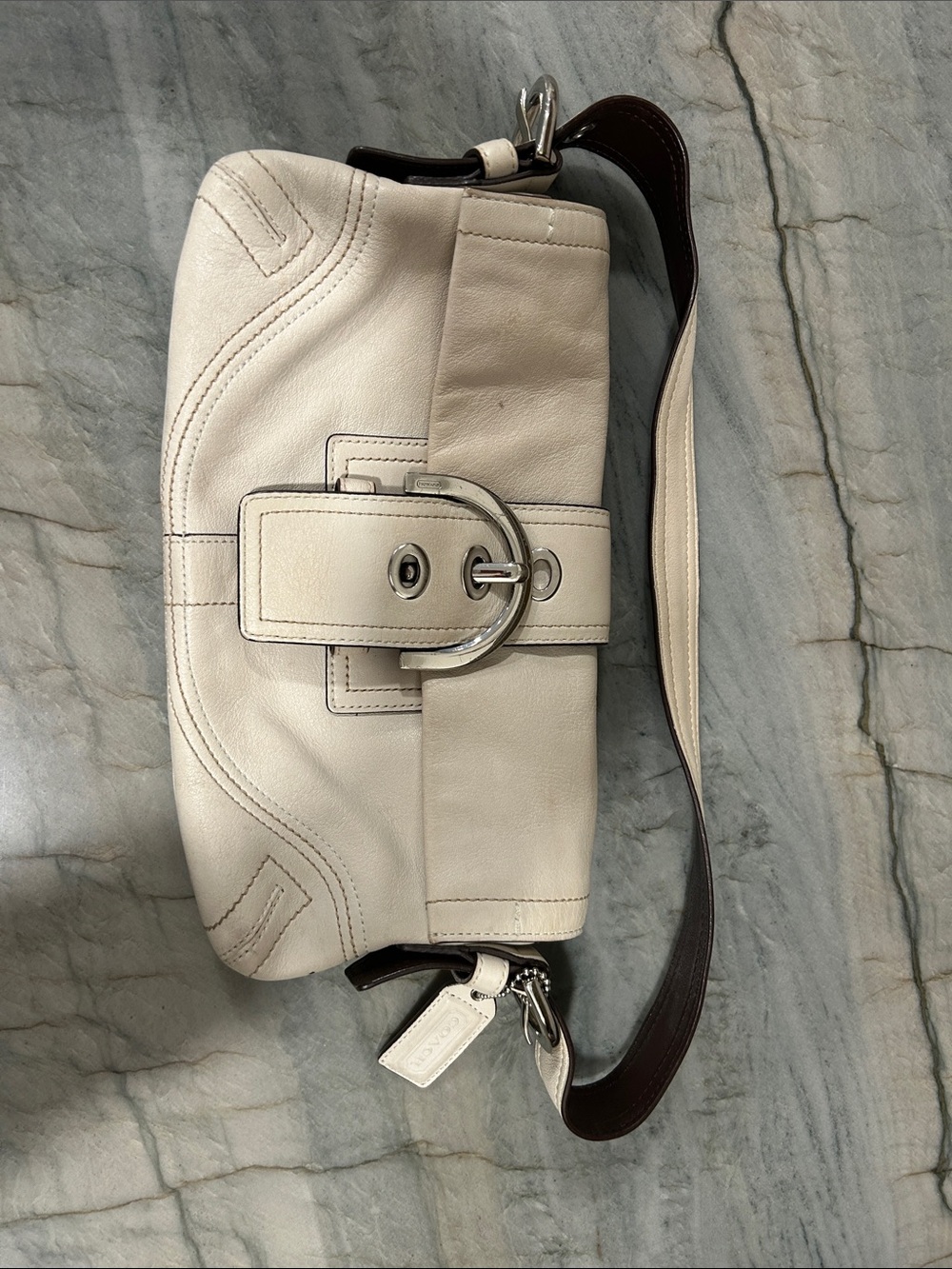 Coach Cream Leather Shoulder Bag with Silver Buckle